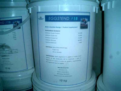 Pails of specialty feed additive Eggstend F18.